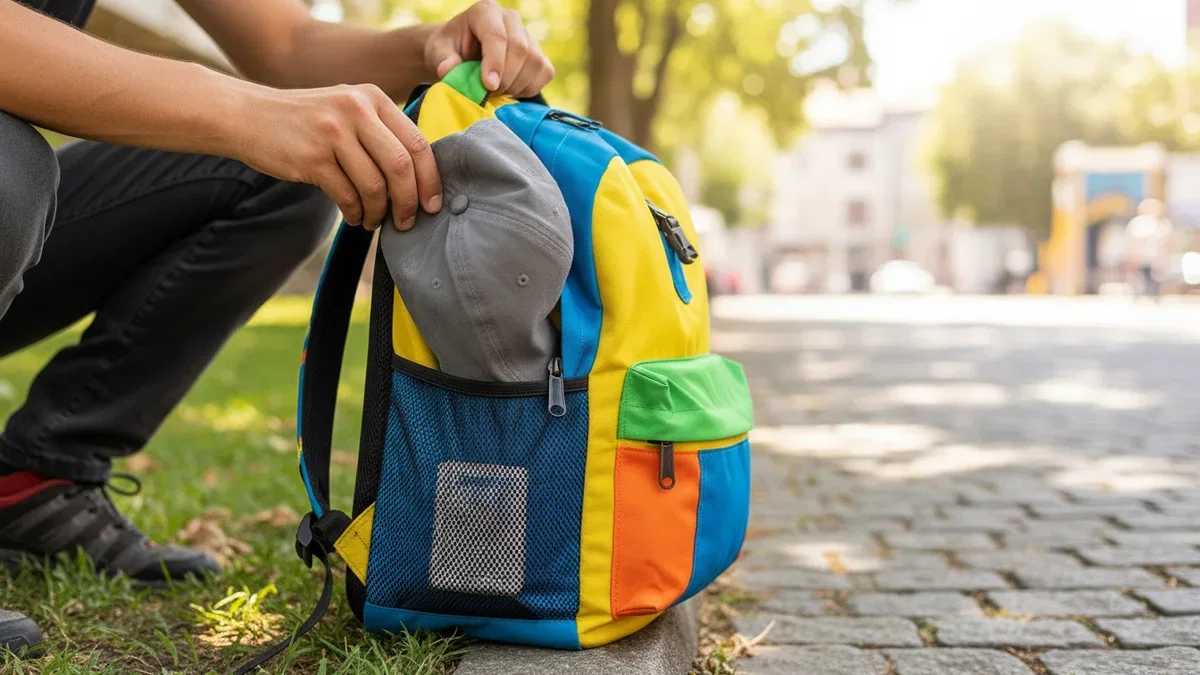 A traveler tucking a soft unstructured cap into the side pocket of a colorful backpack