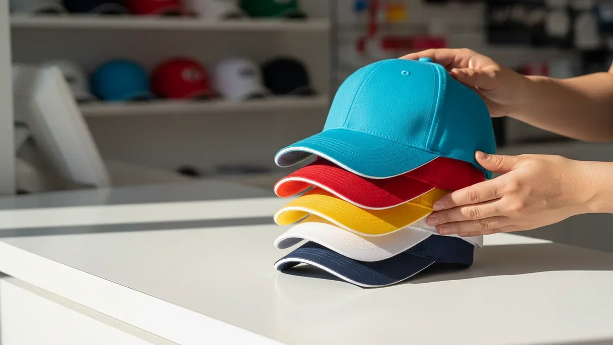 A stack of structured caps in bright colors on a shop counter, each one holding its shape