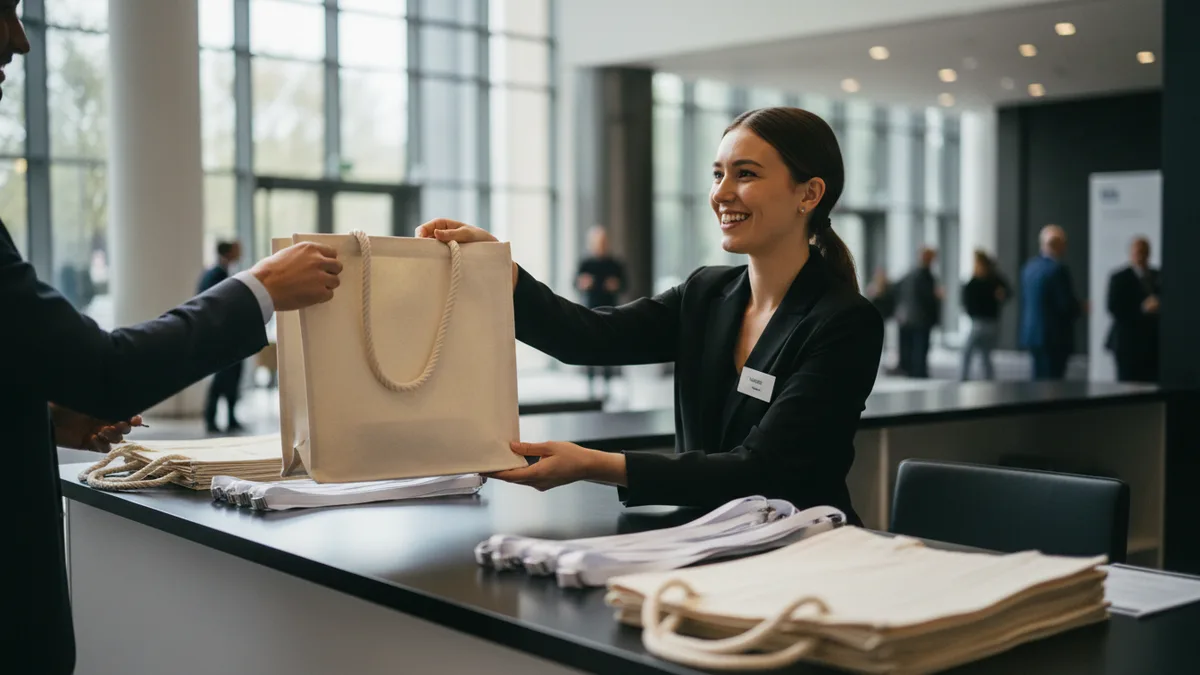 Event staff at a check-in desk handing a canvas tote to an attendee, one of the swag bags for events