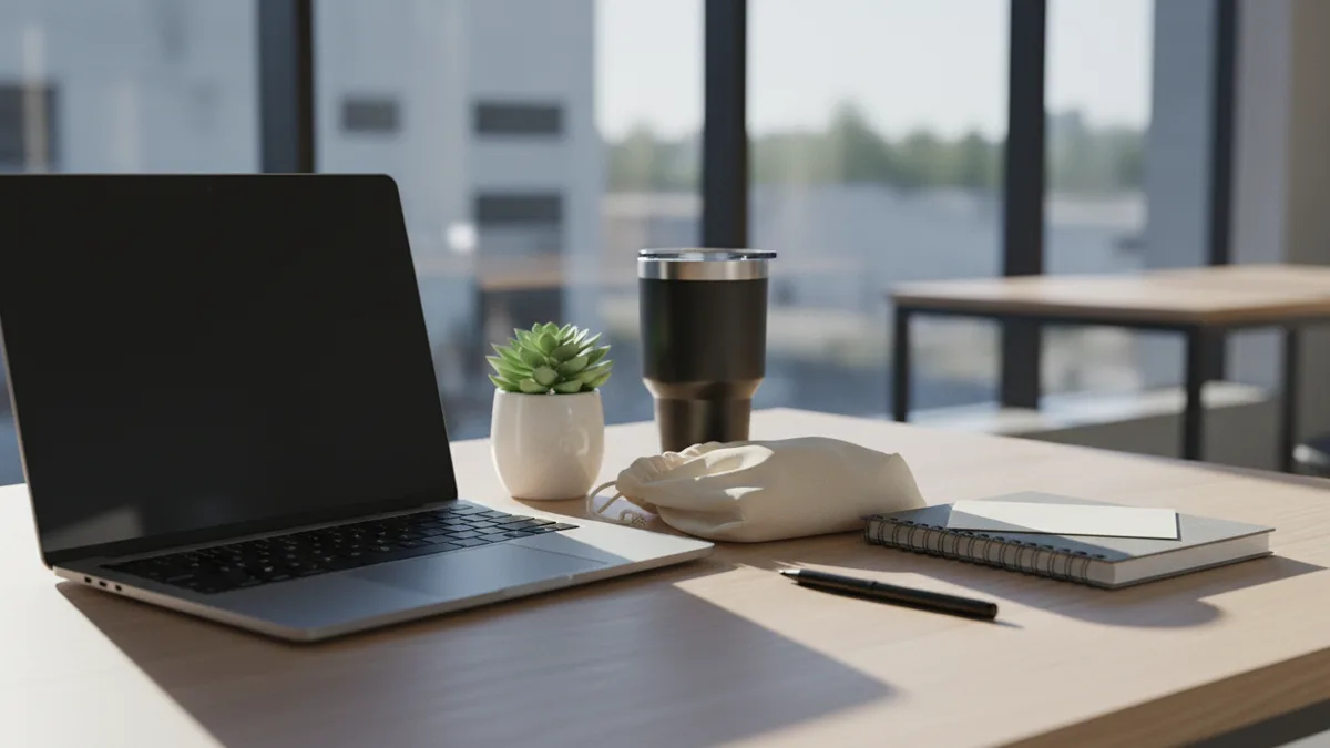 A new employee's desk with a drawstring bag, tumbler, notebook, pen and a blank welcome card