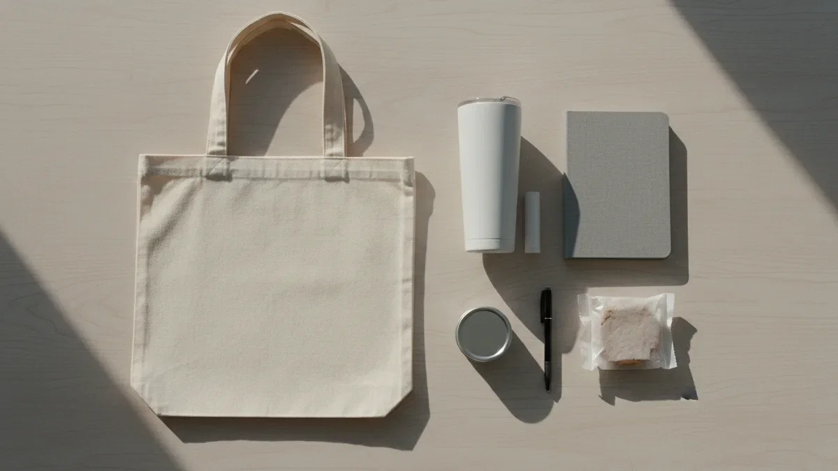 Swag bag ideas: a canvas tote laid flat beside a tumbler, notebook, pen, mint tin, lip balm and a wrapped cookie