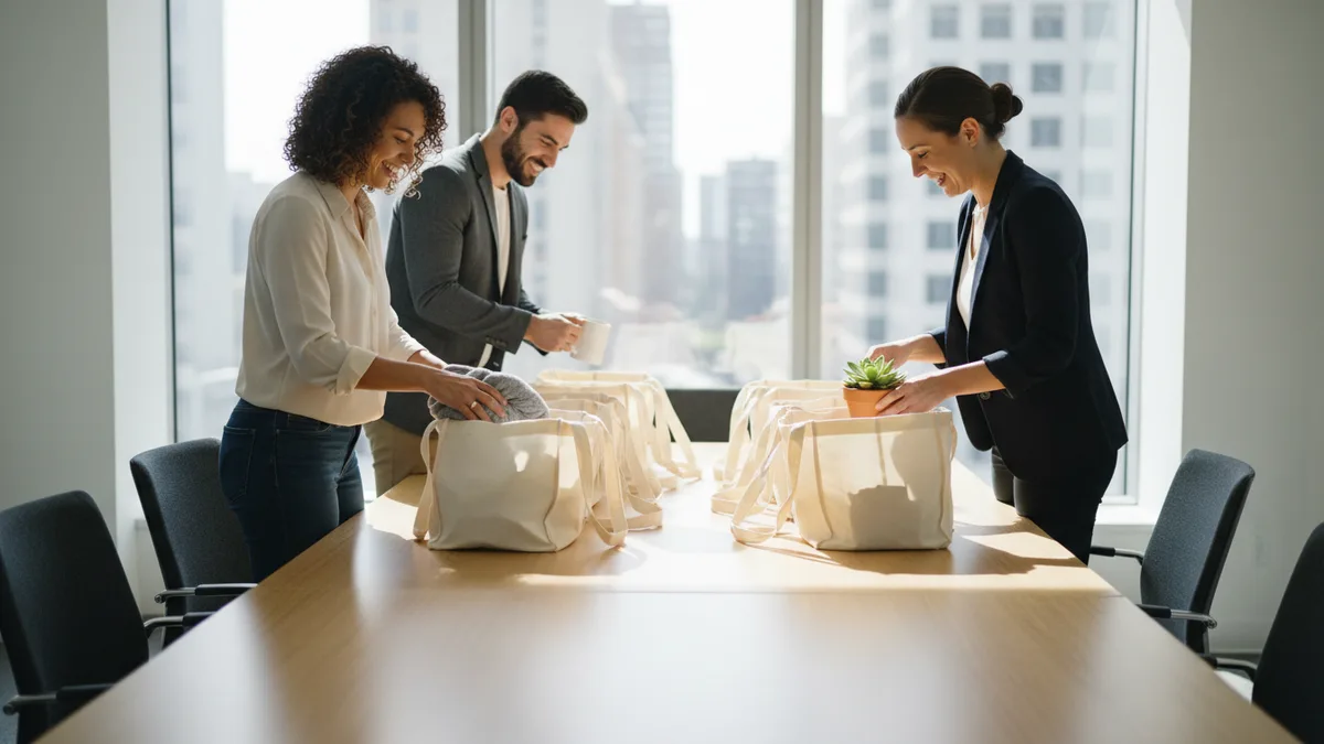 Three coworkers at a long table filling rows of canvas tote bags in an assembly line