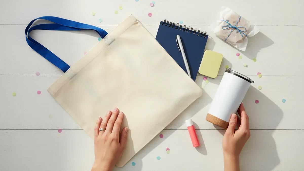 Swag bag ideas: a canvas tote laid flat beside a tumbler, notebook, pen, lip balm and a wrapped treat