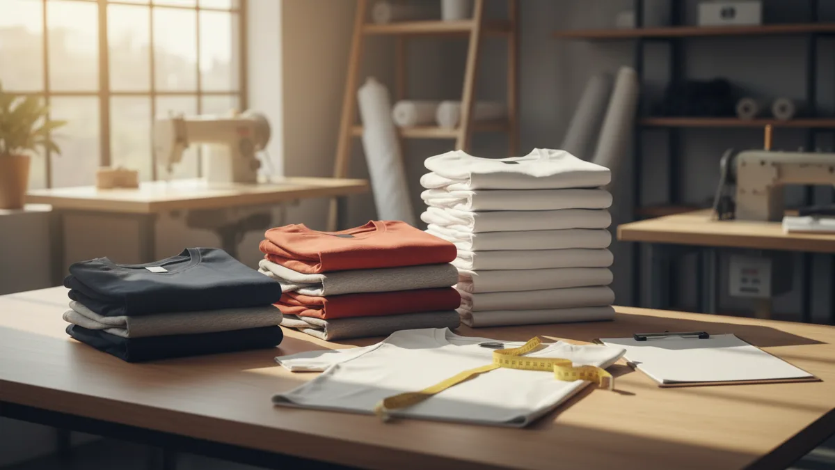 T-shirt size chart planning: folded shirts stacked by size with a measuring tape on a flat tee
