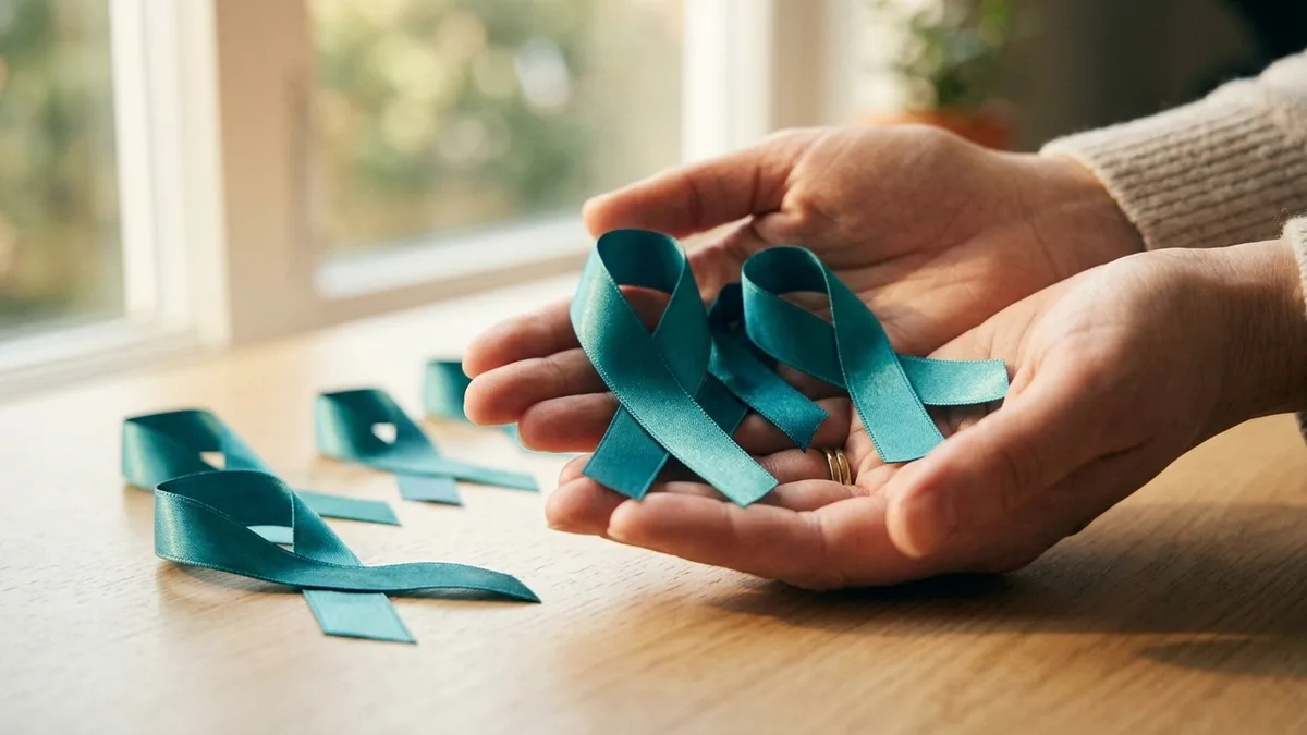 A teal awareness ribbon held between two fingers in soft daylight