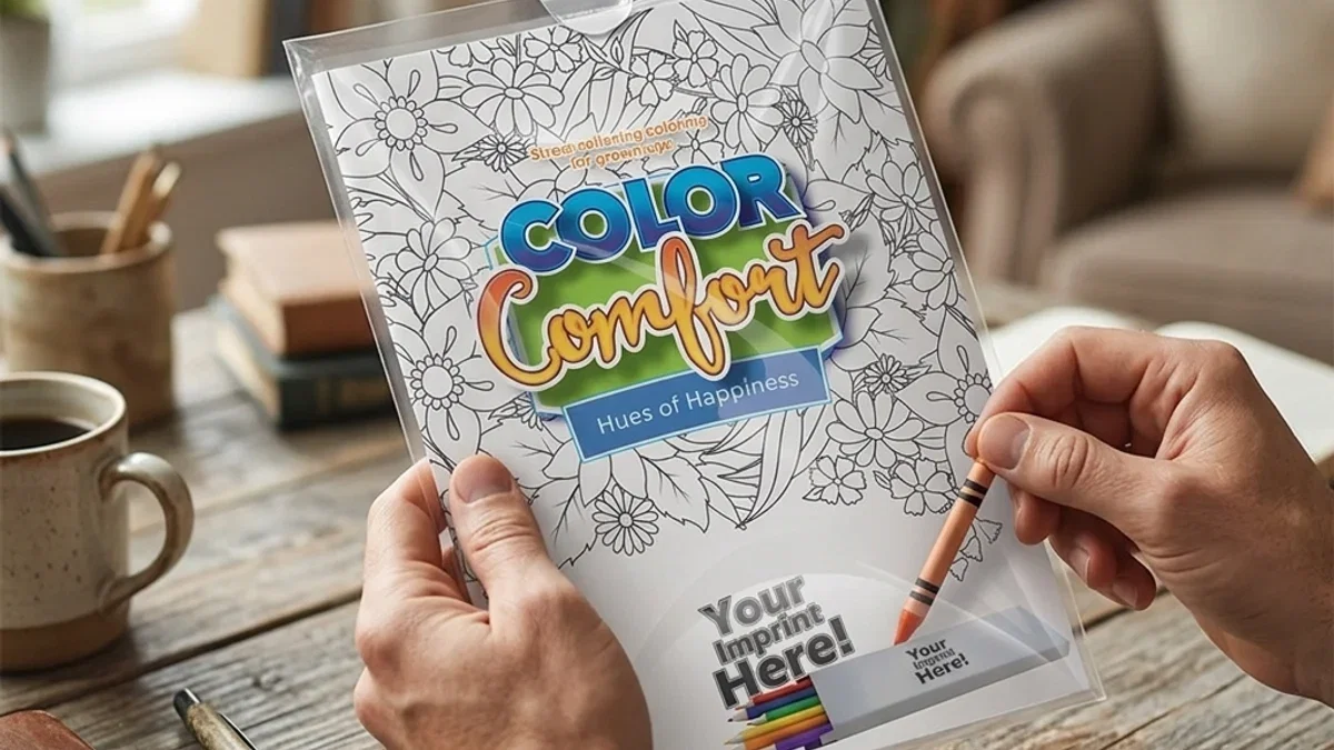 Custom crayons with a printed logo spread across a kids table