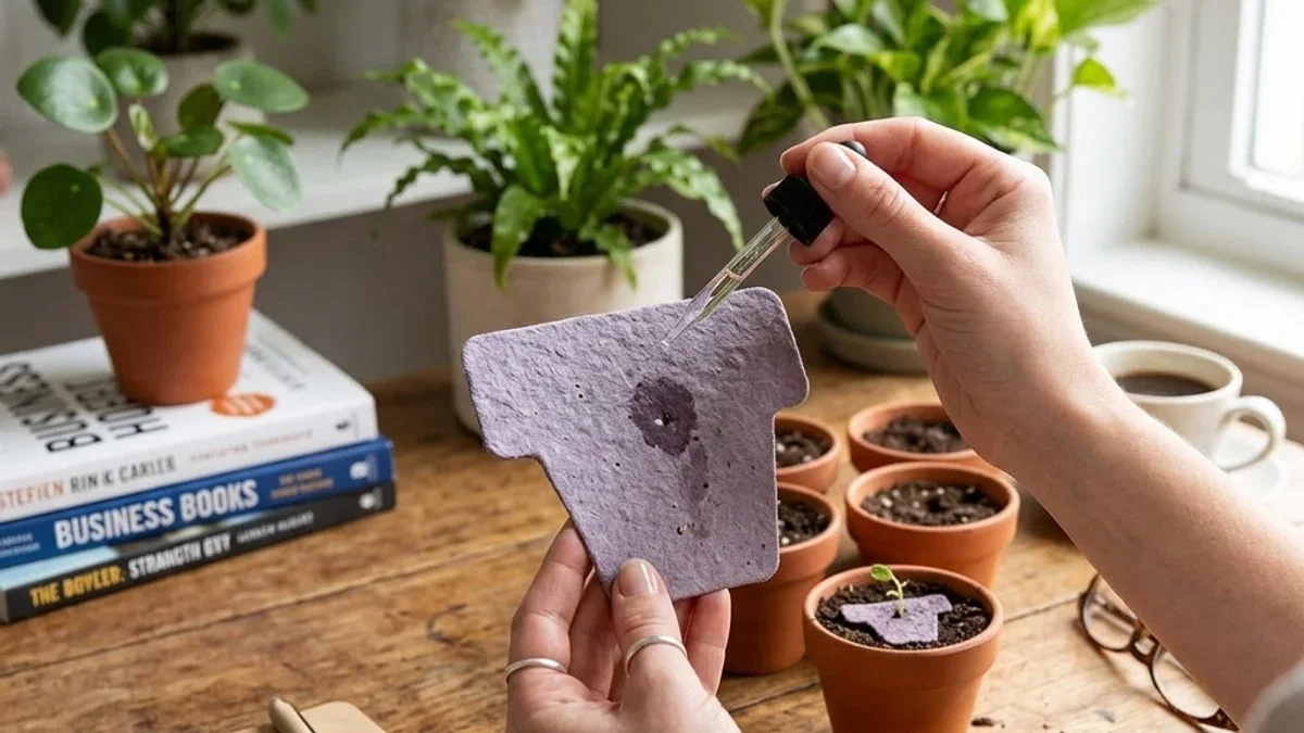 Plantable seed paper card with a company logo being pressed into garden soil