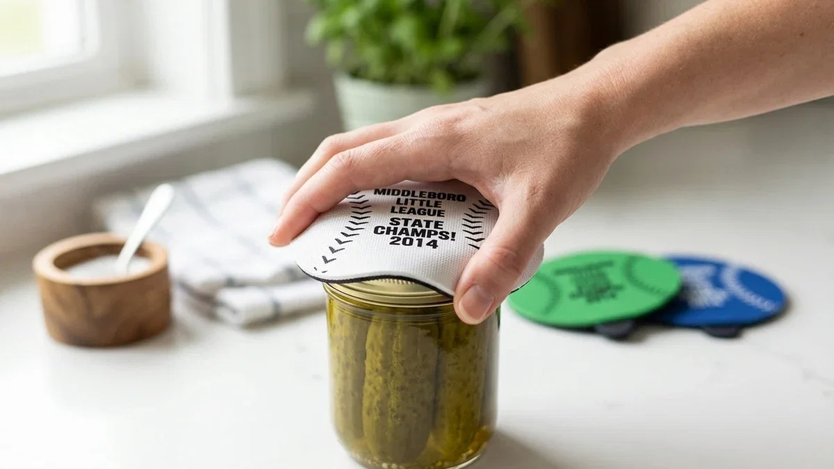 Custom jar openers with a company logo resting in an open kitchen drawer