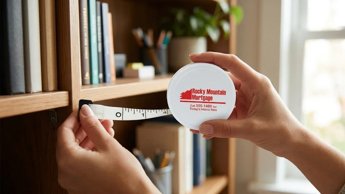 Contractor pulling a custom tape measure with a company logo on a job site
