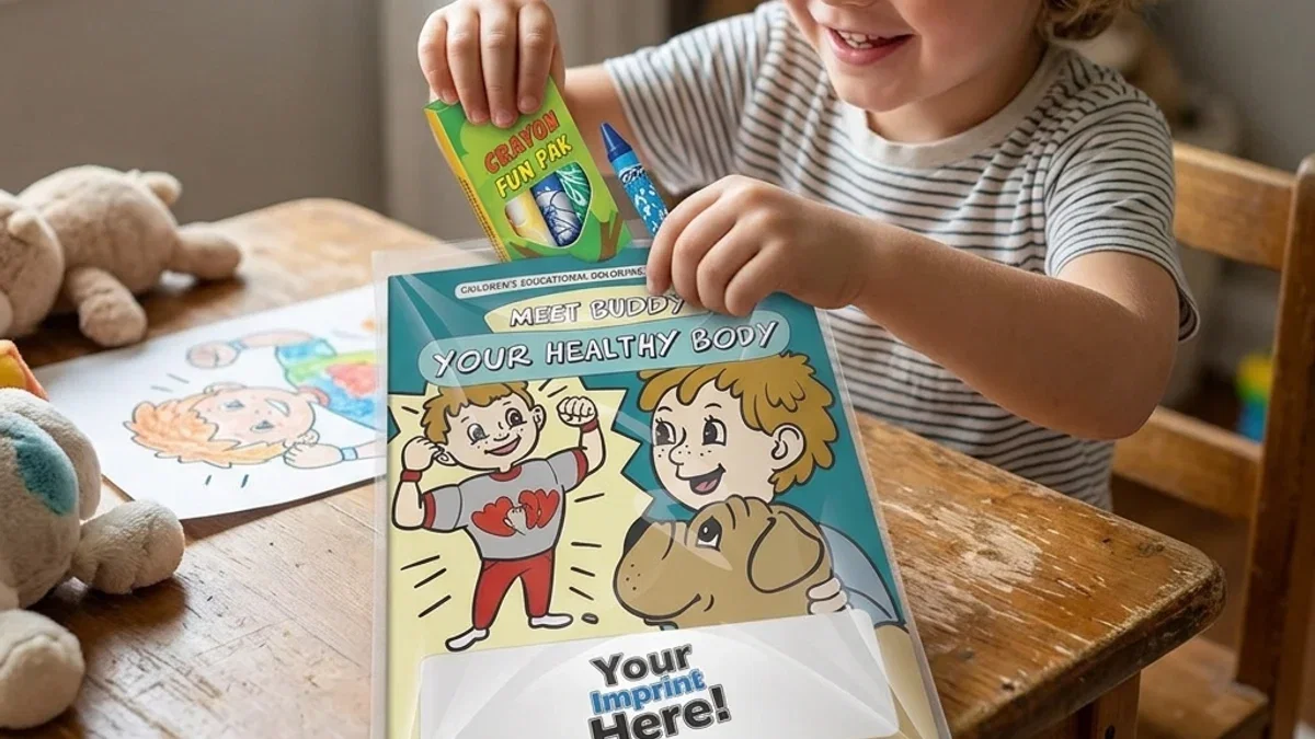 Child coloring a custom coloring book branded with a company logo at a restaurant table