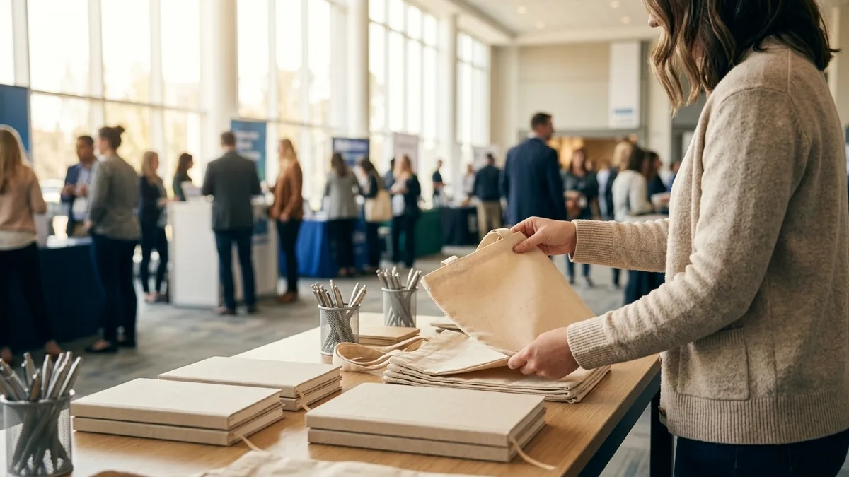 A trade show booth table of blank swag with an attendee reaching for a tote