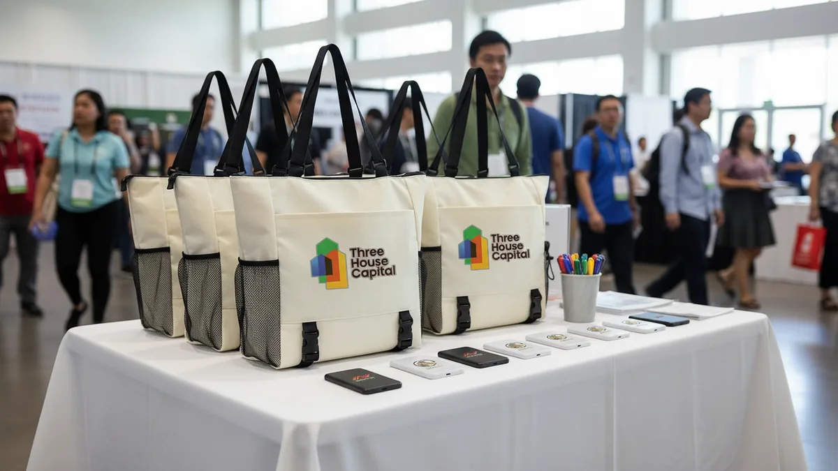Trade show swag on a busy booth table: logo tote bags, branded power banks and a cup of pens as attendees walk the expo hall