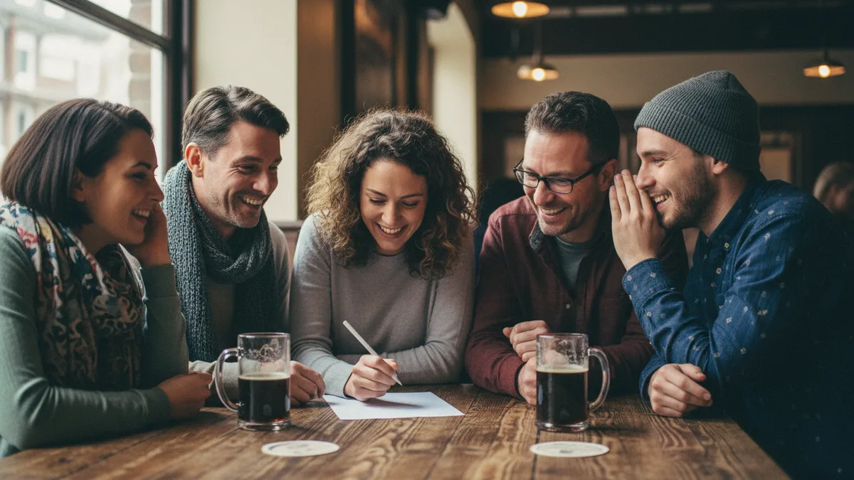 Trivia team names: five friends huddled over an answer sheet at a pub trivia night, laughing