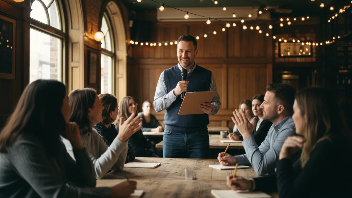 A trivia host with a microphone and clipboard in a pub with string lights