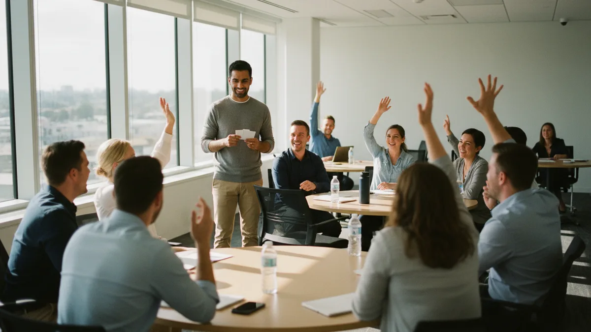 Coworkers in a conference room playing a quiz game, a host holding cue cards while teams raise their hands