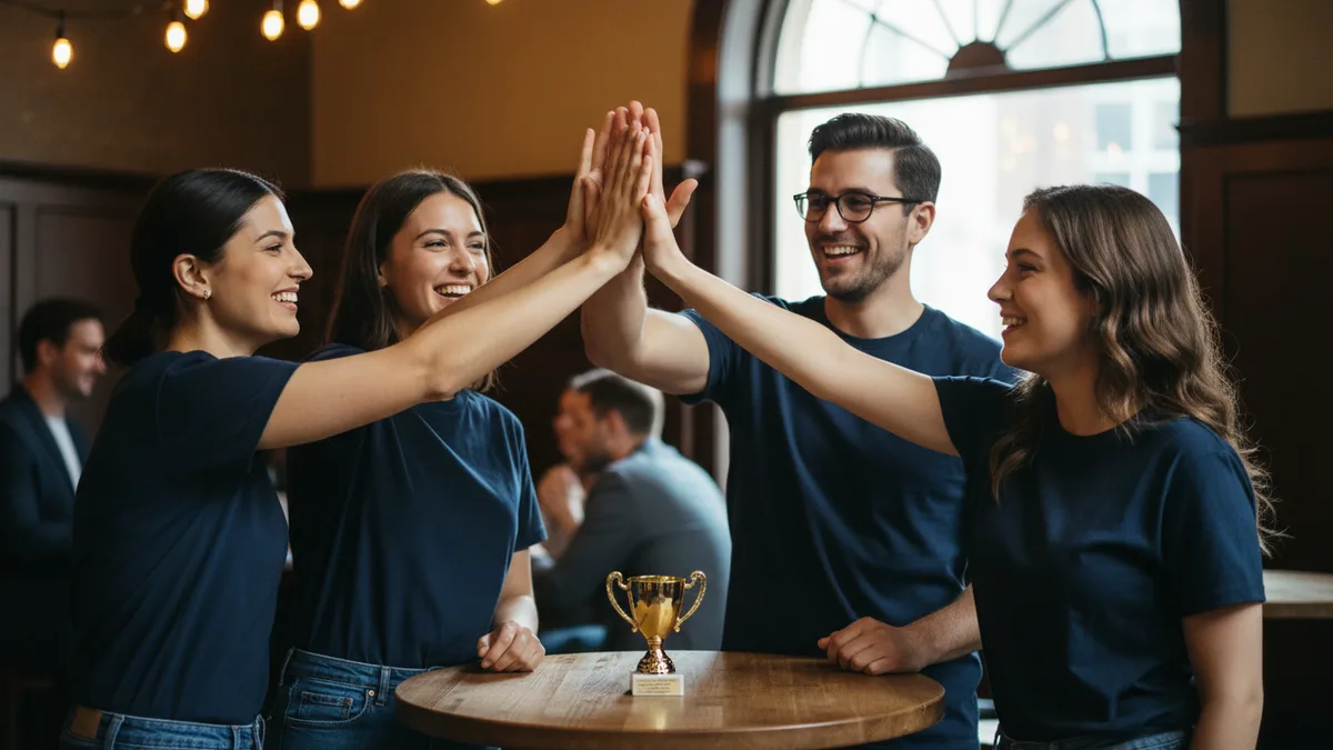 Four coworkers in matching plain navy T-shirts high-fiving beside a small gold trophy