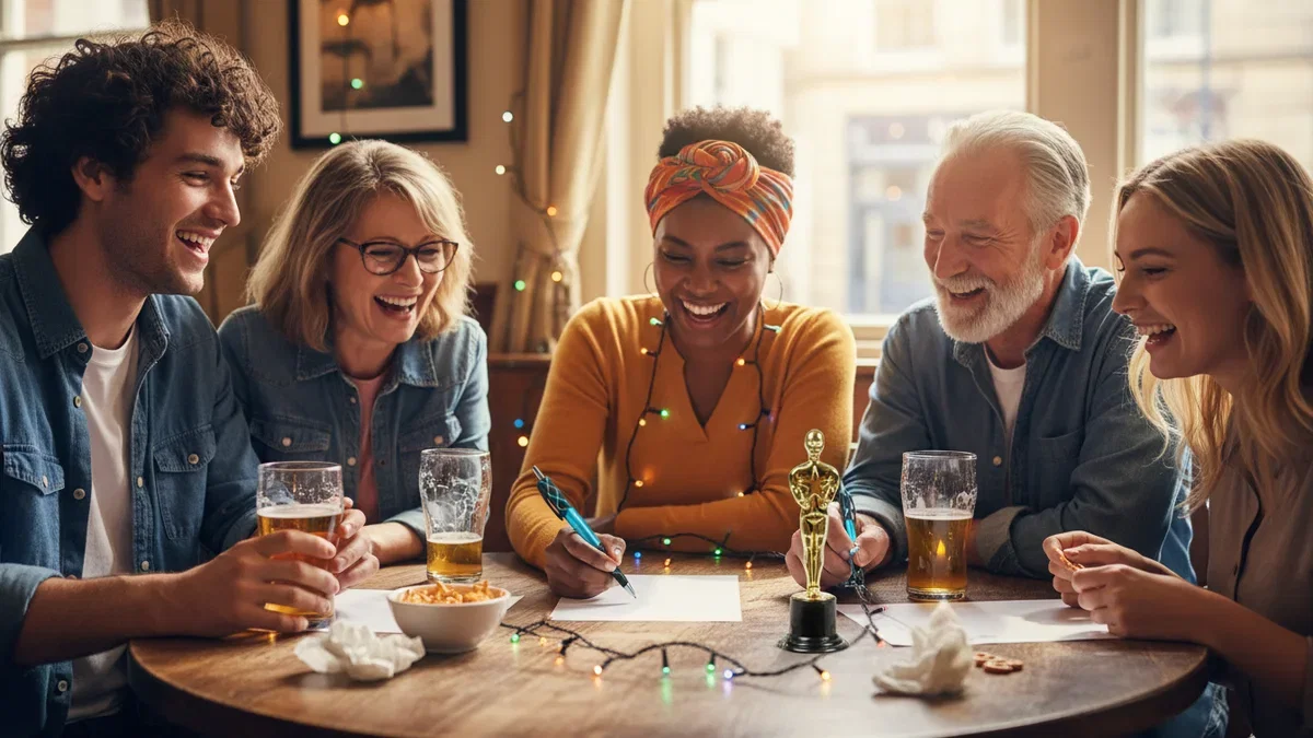 Trivia team names: five friends laughing over an answer sheet at a pub trivia night with a small gold trophy on the table