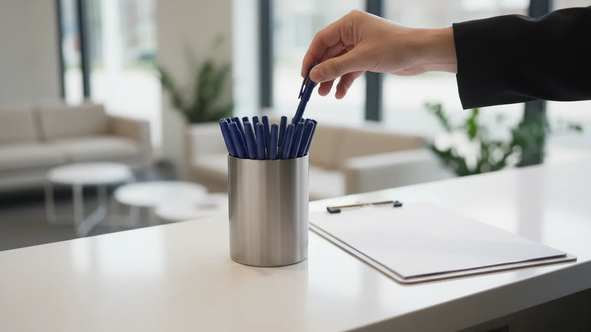 A hand taking a navy click pen from a cup on a reception counter