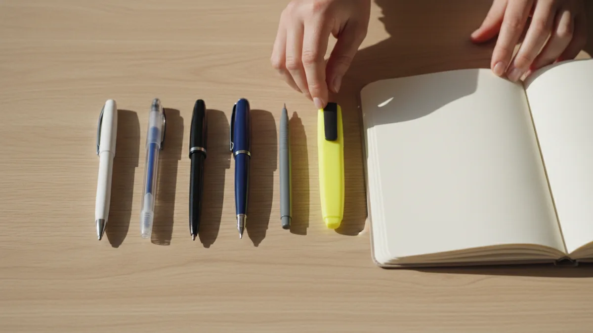 Types of pens laid in a row on a desk: ballpoint, gel, rollerball, fountain, felt tip and a highlighter beside an open notebook