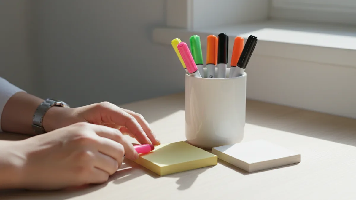 A cup of highlighters and permanent markers with sticky notes