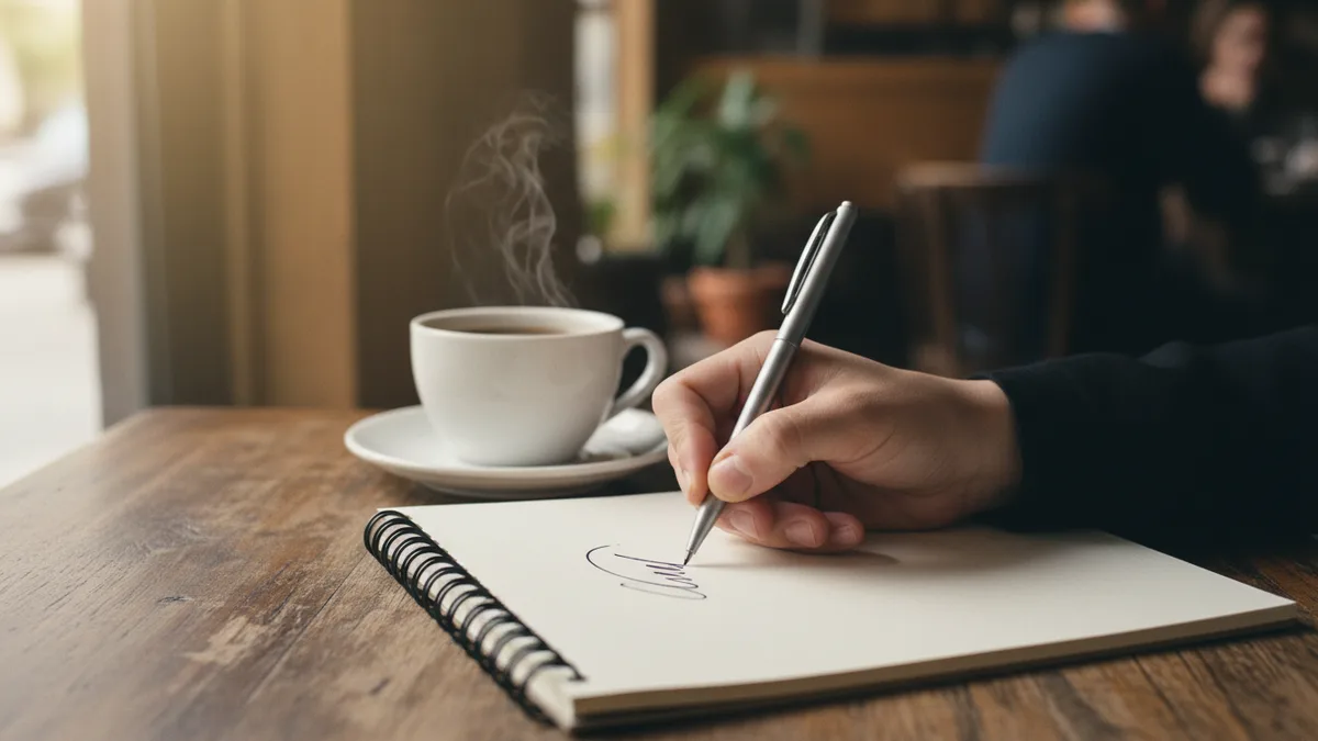 A hand writing in a spiral notebook with a slim metal pen at a cafe table
