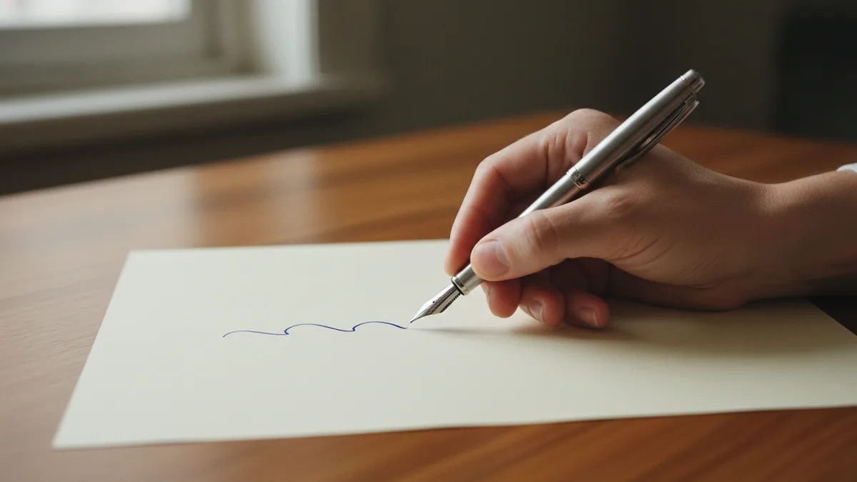 A hand signing a blank sheet with a metal fountain pen