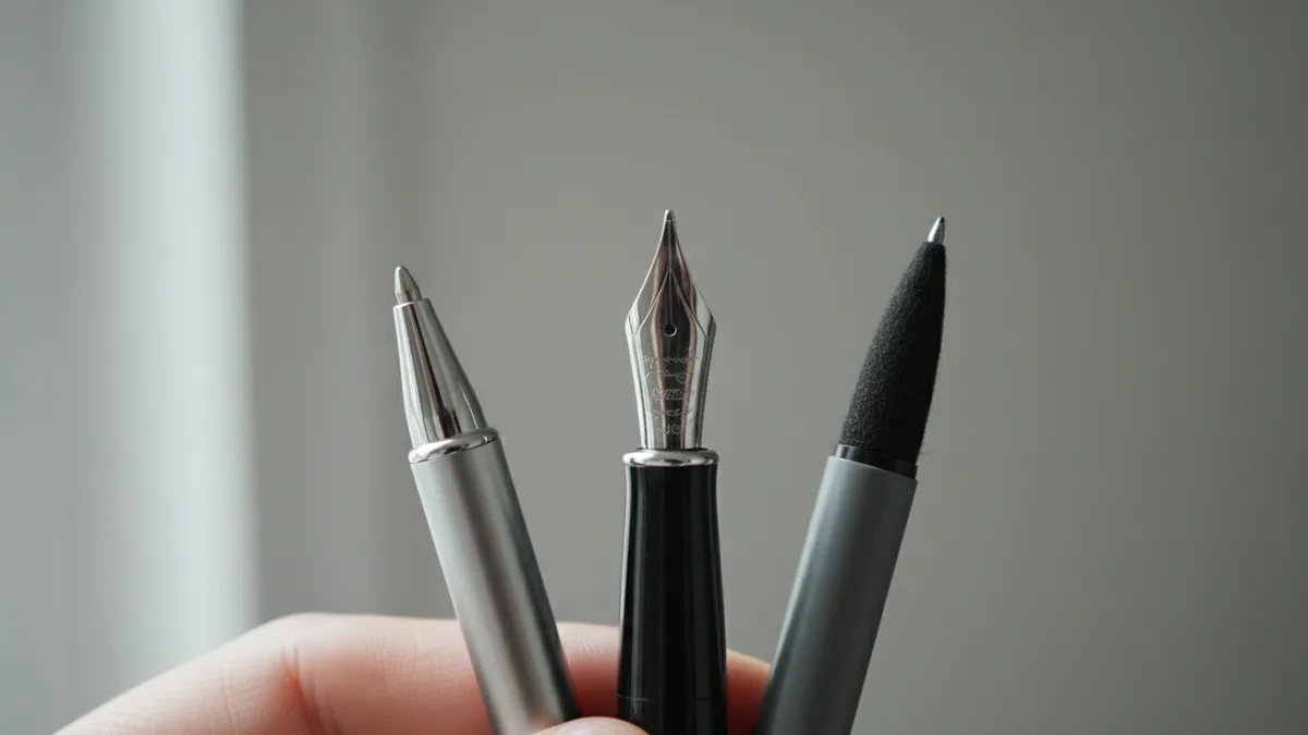 Macro of three pen tips side by side: a ballpoint tip, a fountain nib and a felt tip, showing the types of pen tips