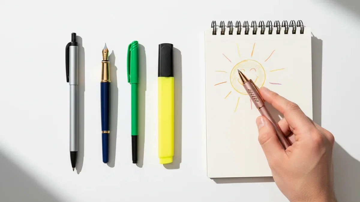Types of pens laid in a row on a bright desk beside a notebook with a sun doodle: ballpoint, fountain, felt tip and a highlighter