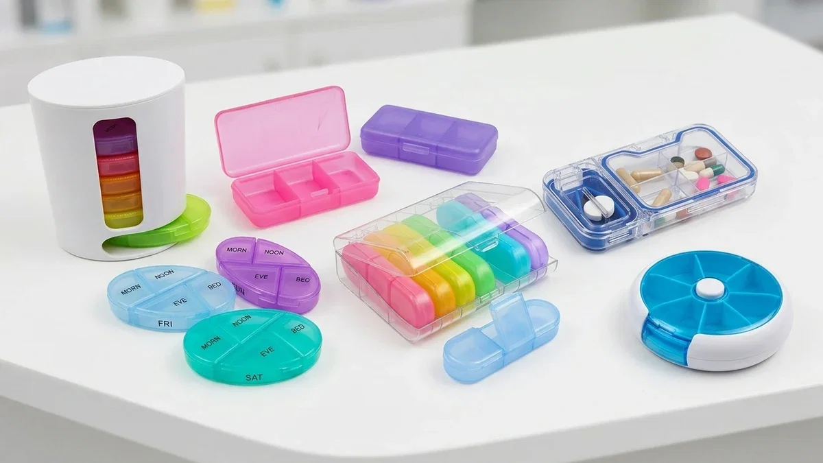 A group of custom pill boxes including weekly, AM/PM, travel and cutter organizers on a pharmacy counter