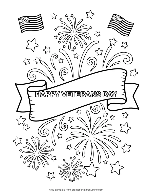 Happy Veterans Day coloring page with a banner and stars
