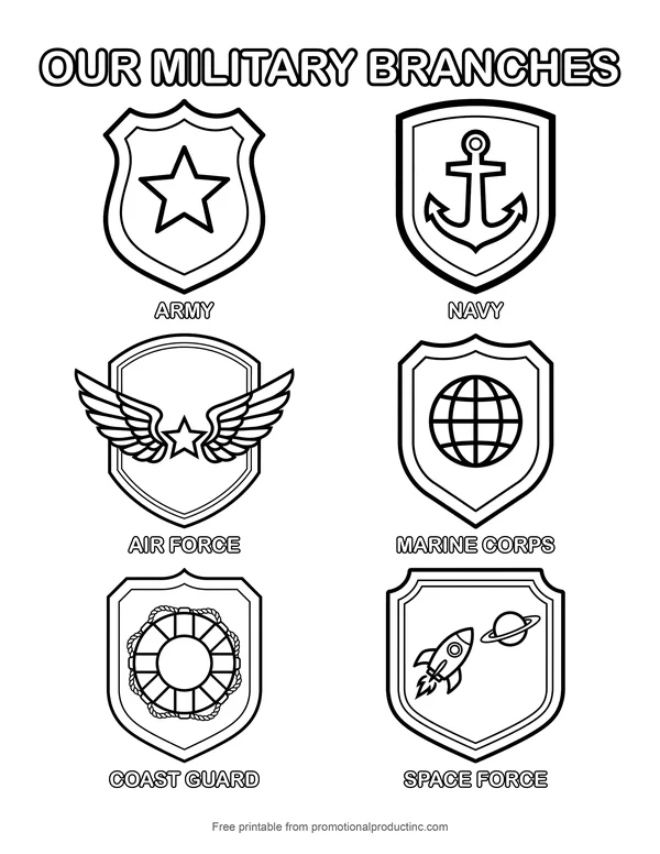 Coloring page of six military branch badges for Veterans Day