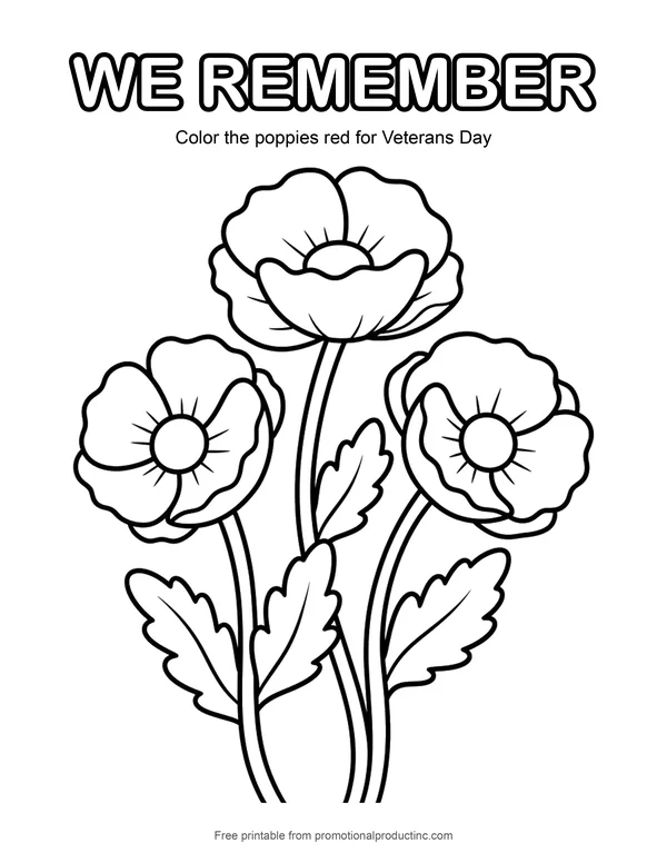 Red poppy coloring sheet for Veterans Day with large petals for preschoolers