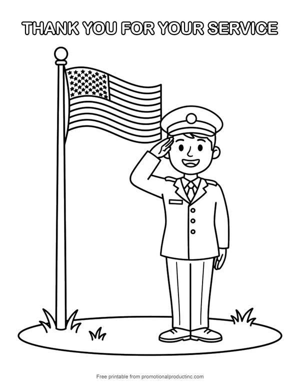 Veterans Day picture to color of a service member saluting the flag