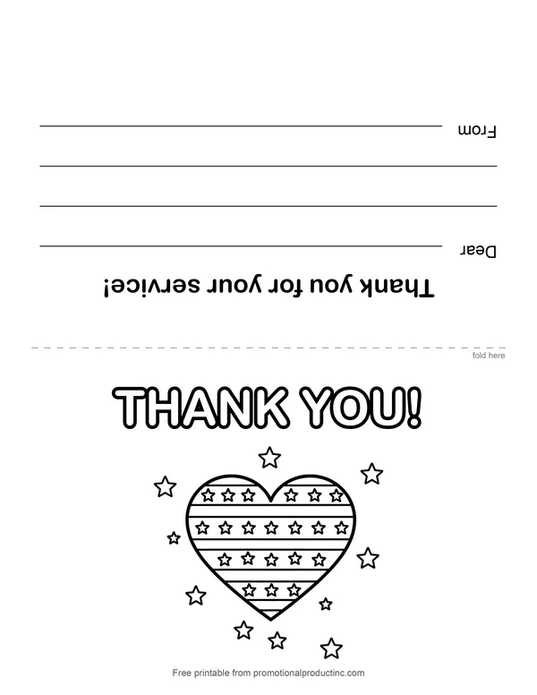 Printable fold-over Veterans Day card to color with a thank-you message