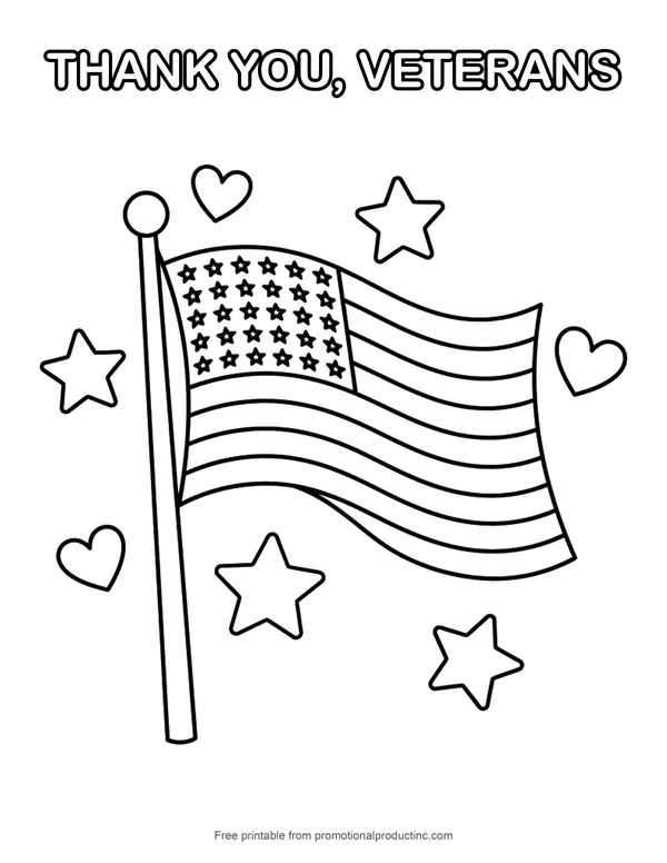 Thank you veterans coloring page with a waving American flag and stars