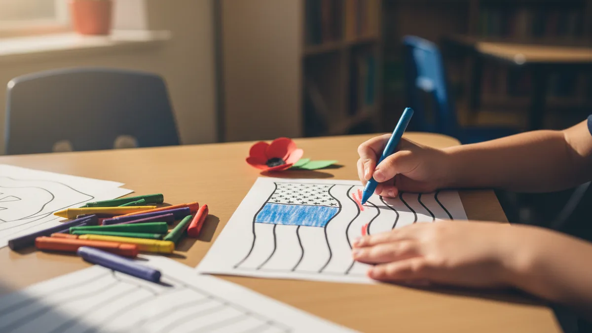 A child coloring a Veterans Day flag coloring page with crayons beside a red paper poppy