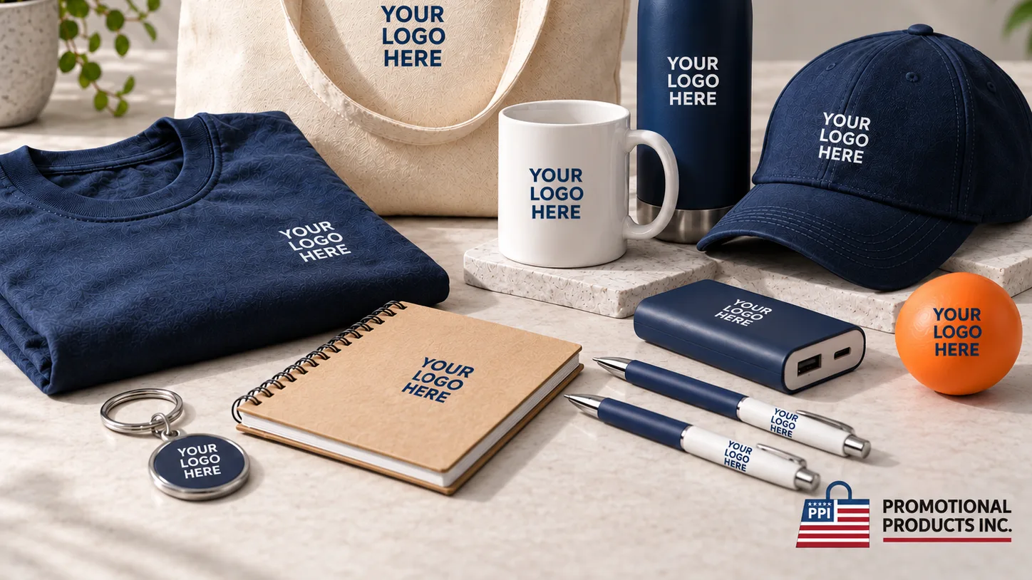 Branded promotional products on a table: logo t-shirt, tote bag, mug, water bottle, cap, notebook, pens, power bank, keychain and stress ball