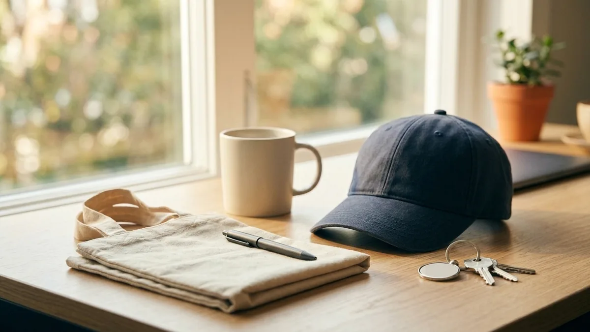A cluster of everyday blank promotional products on a bright table