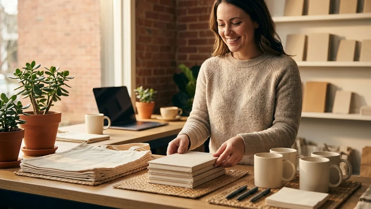 A small business counter displaying blank branded swag with a smiling owner