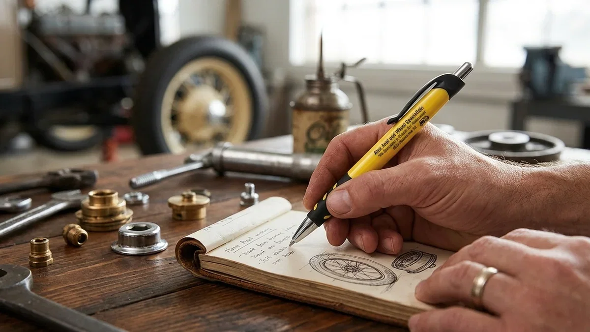 Custom promotional pens with a printed logo lined up on a desk