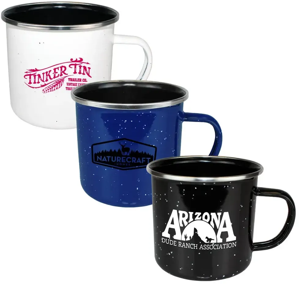 15oz Custom Enamelware Iron Mug with Stainless Rim - BPA Free, Dishwasher Safe, Multi-Location Imprint