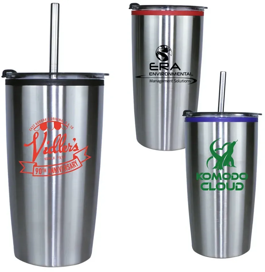 20 oz. Stainless Tumbler with Flip Lid and Straw for Hot and Cold Beverages - Customizable Promotional Item