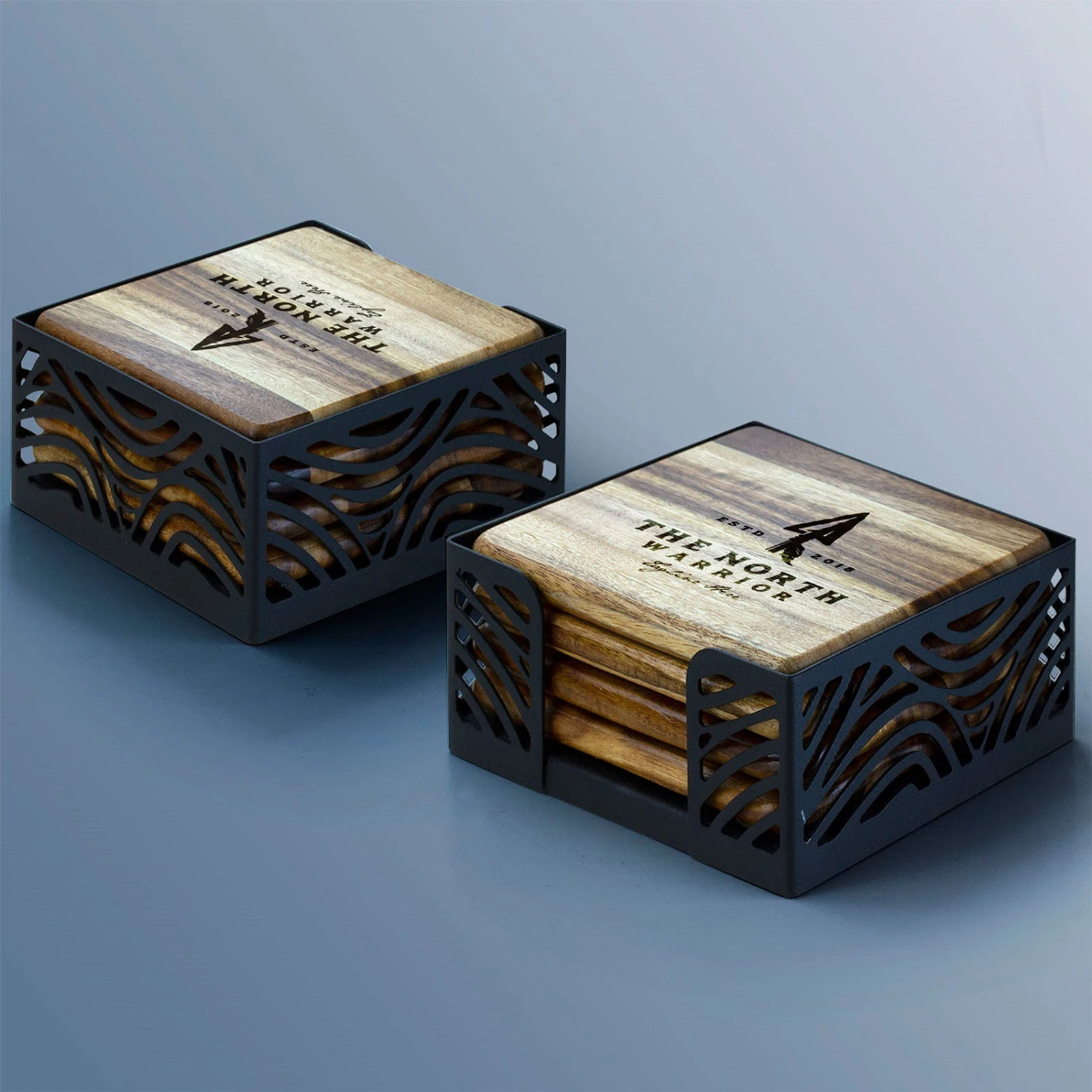 Acacia Wood Coaster: 4 Piece Set with Black Metal Stand