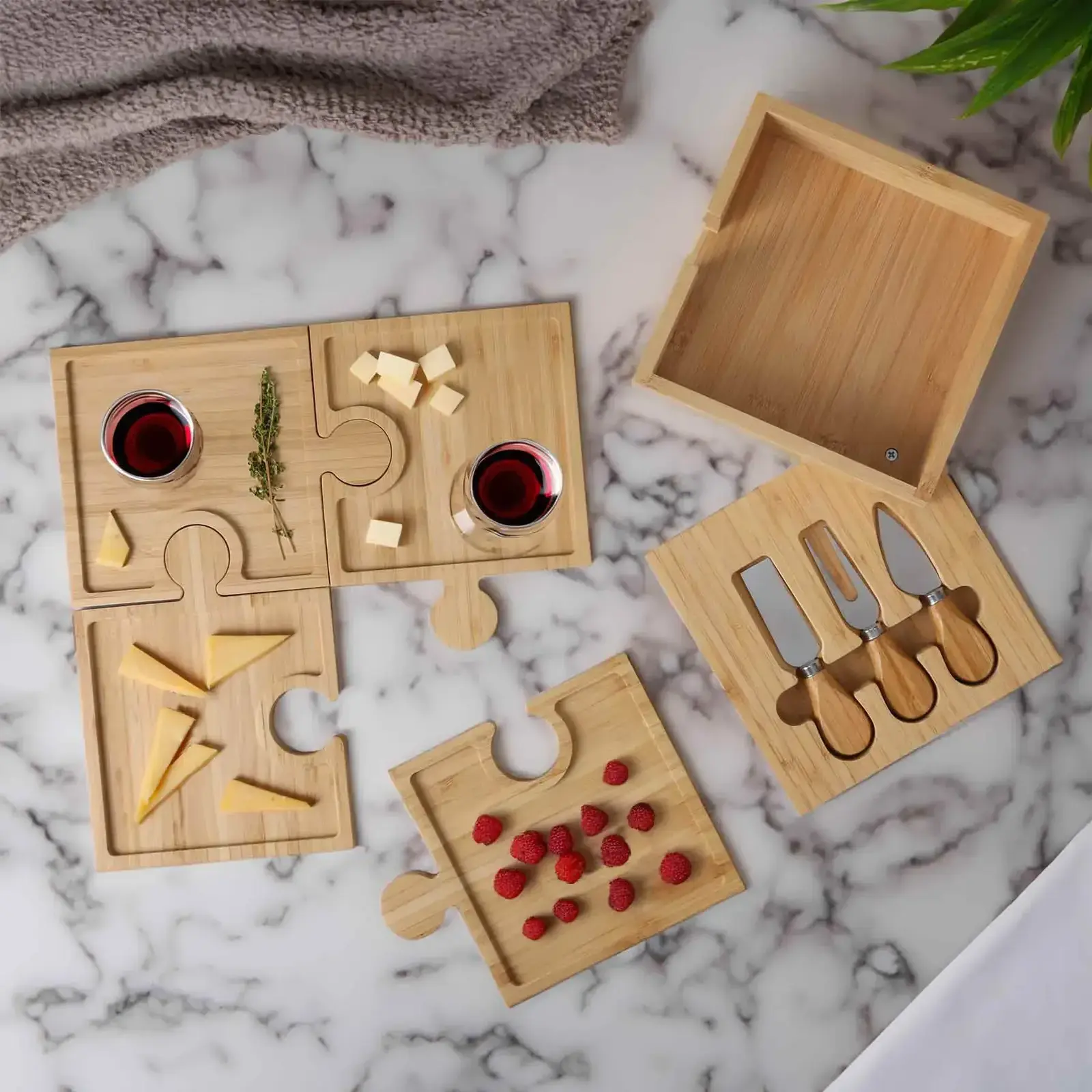 6-in-1 Bamboo Puzzle Cheese Board Set