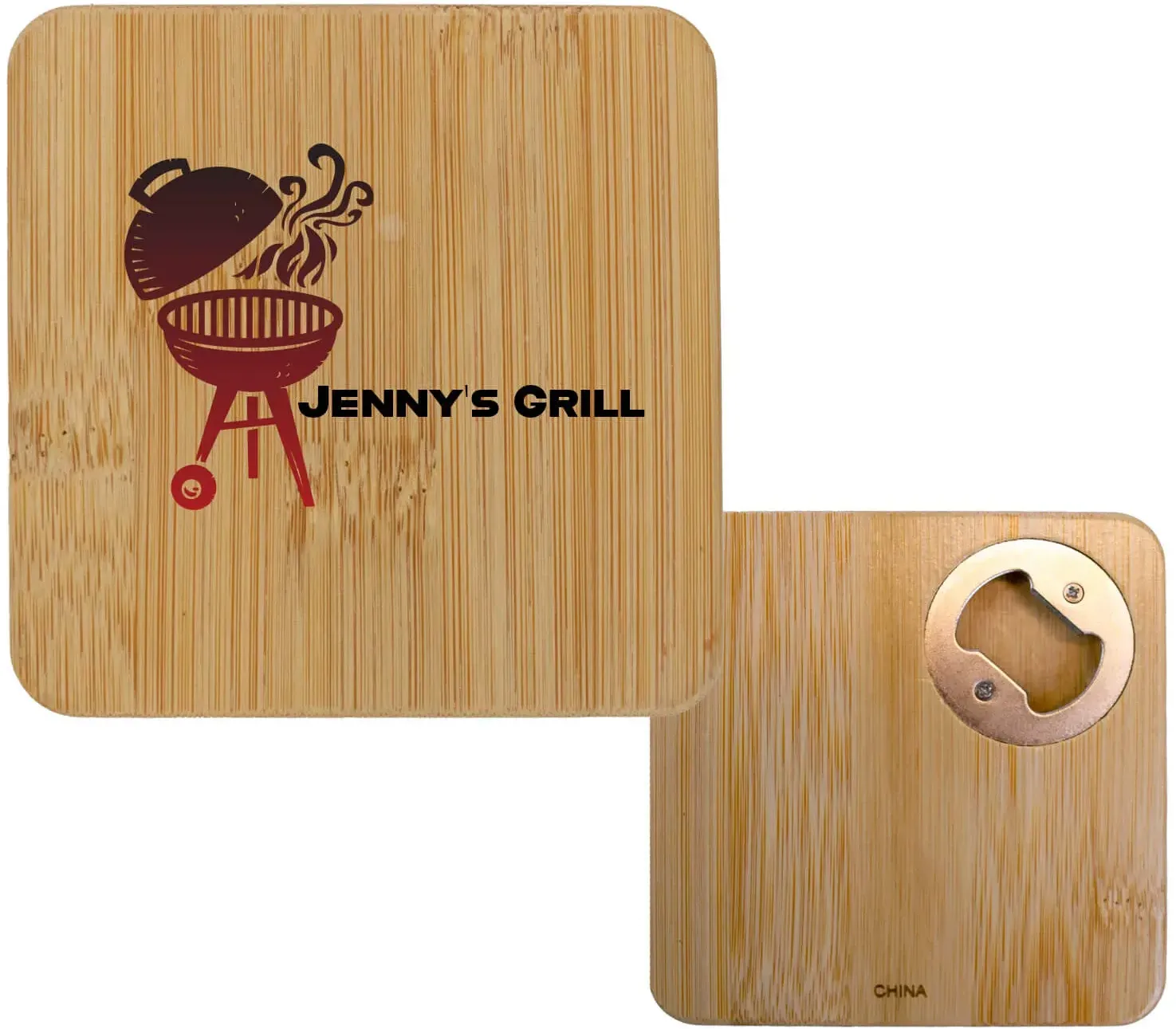 Custom Bamboo Coaster & Bottle Opener (Square) - Personalized Promotional