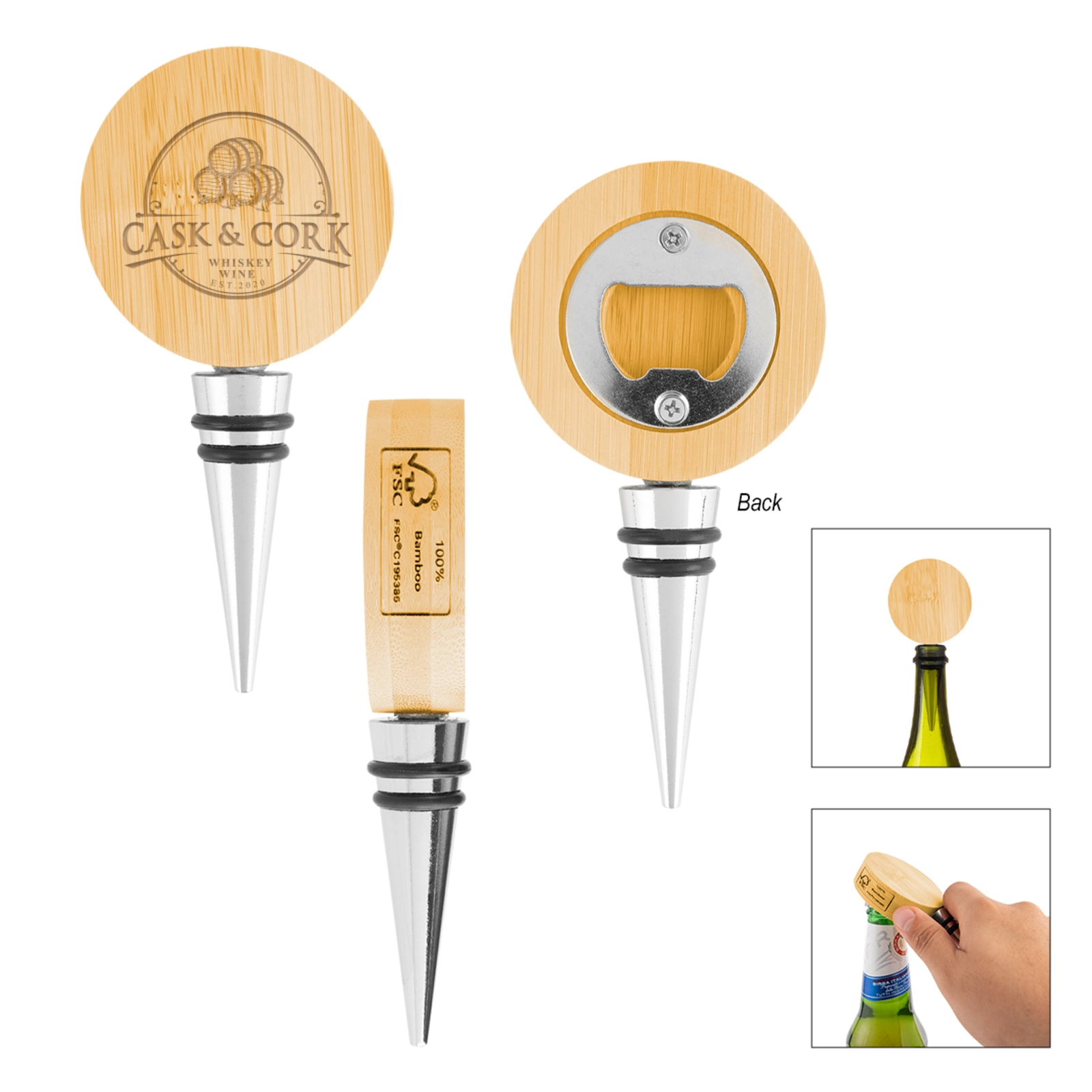 Bamboo Wine Stopper w/ Bottle Opener