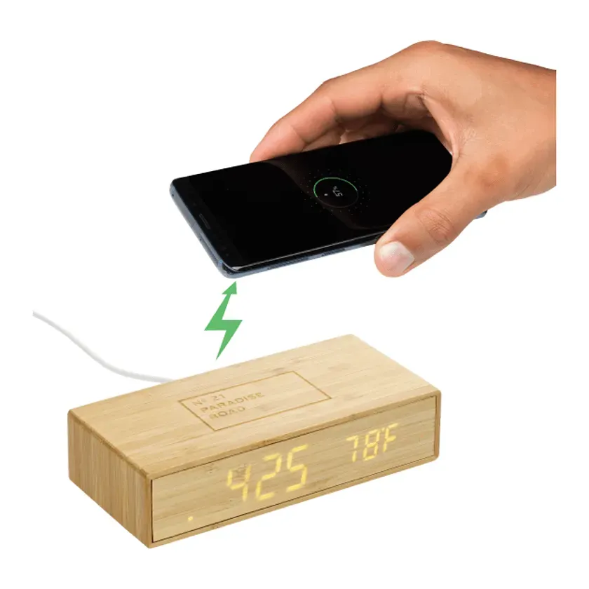 Custom Bamboo Desk Clock with Wireless Charging Feature