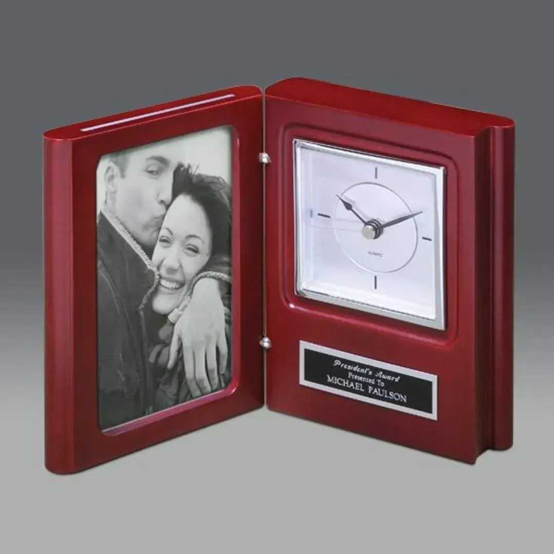 Custom Mahogany Book Clock with Personalized Engraving Plate and Photo Display