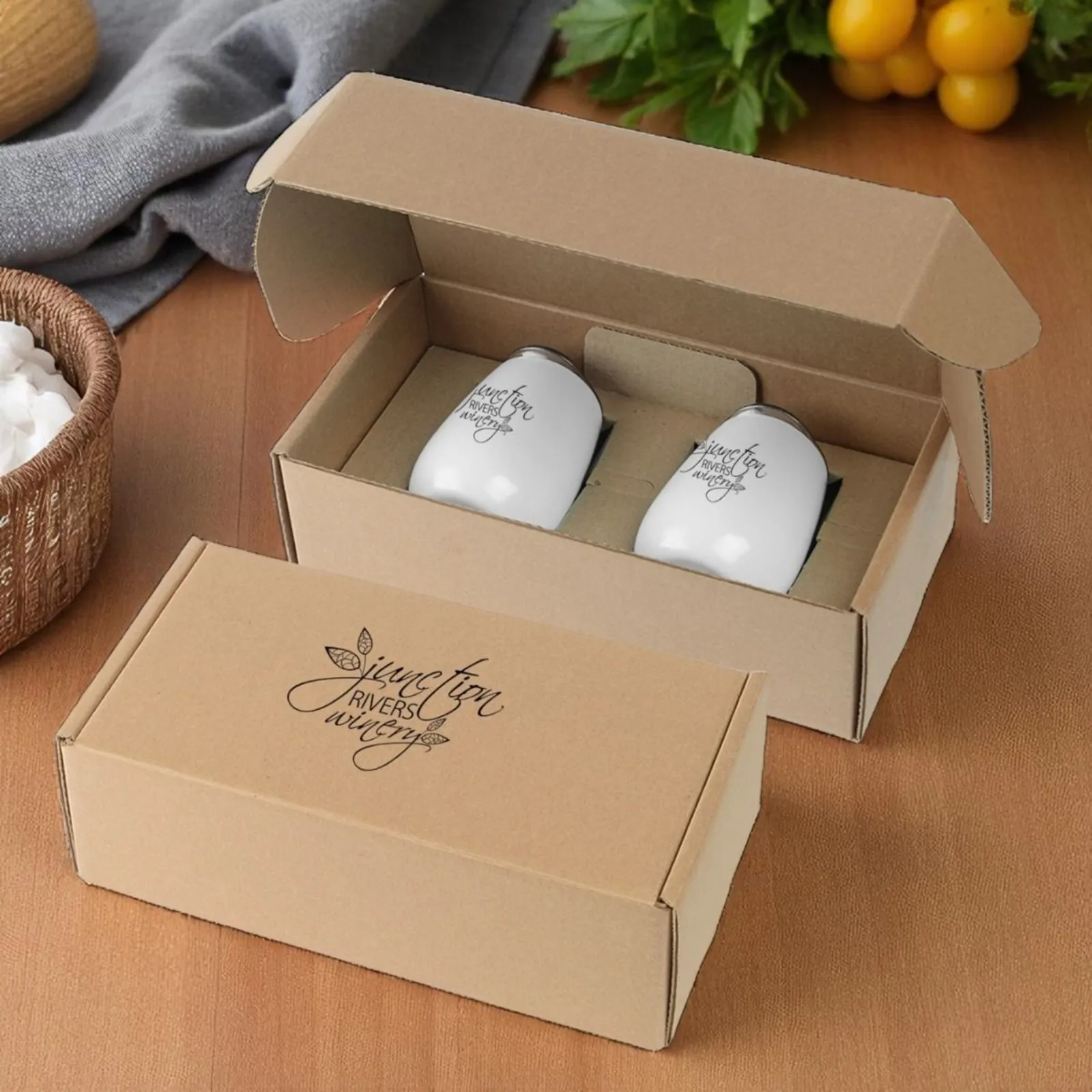 Branded Stemless Stainless Steel Wine Tumbler Gift Box Set – Two 10 Oz. Glasses