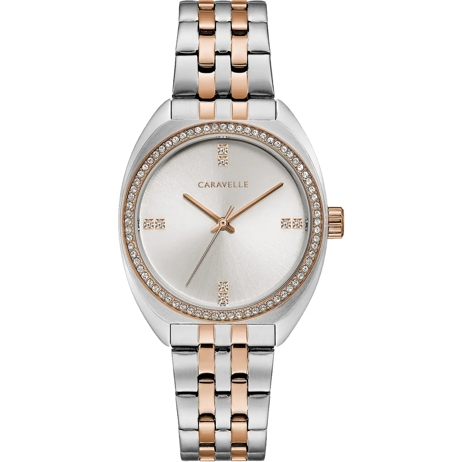 Bulova 45L180 Caravelle Ladies Retro Two Tone Rose & Silver Stainless Steel Bracelet Watch with Crystal Bezel